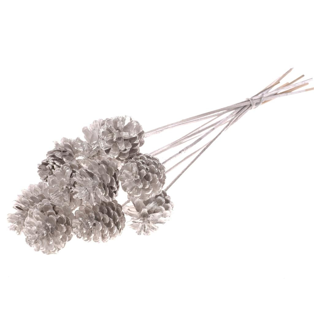 Pre Order Pine cone 5-7cm on stem silver, Box x 12