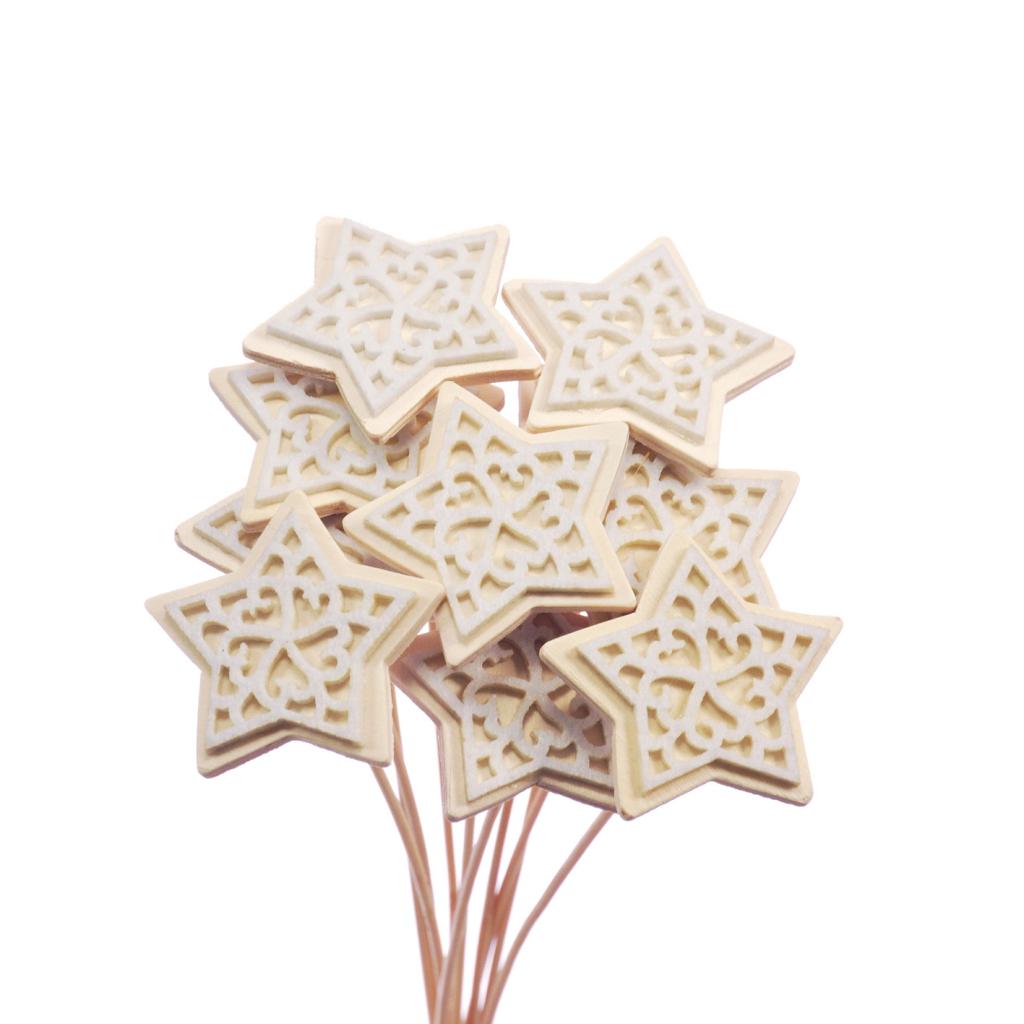 Pre Order Wood/felt star 7cm on stem natural/white, Box x 25