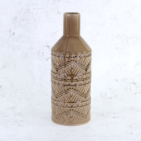 Brown Ceramic Vase with Aztec Pattern Detail, H40.5cm