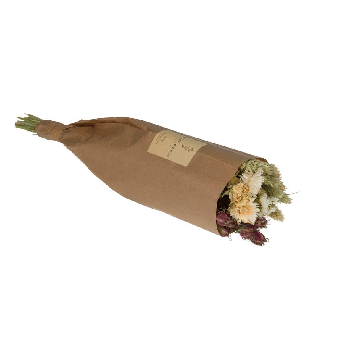 A bucket Floriëtte bouquets in brown paper