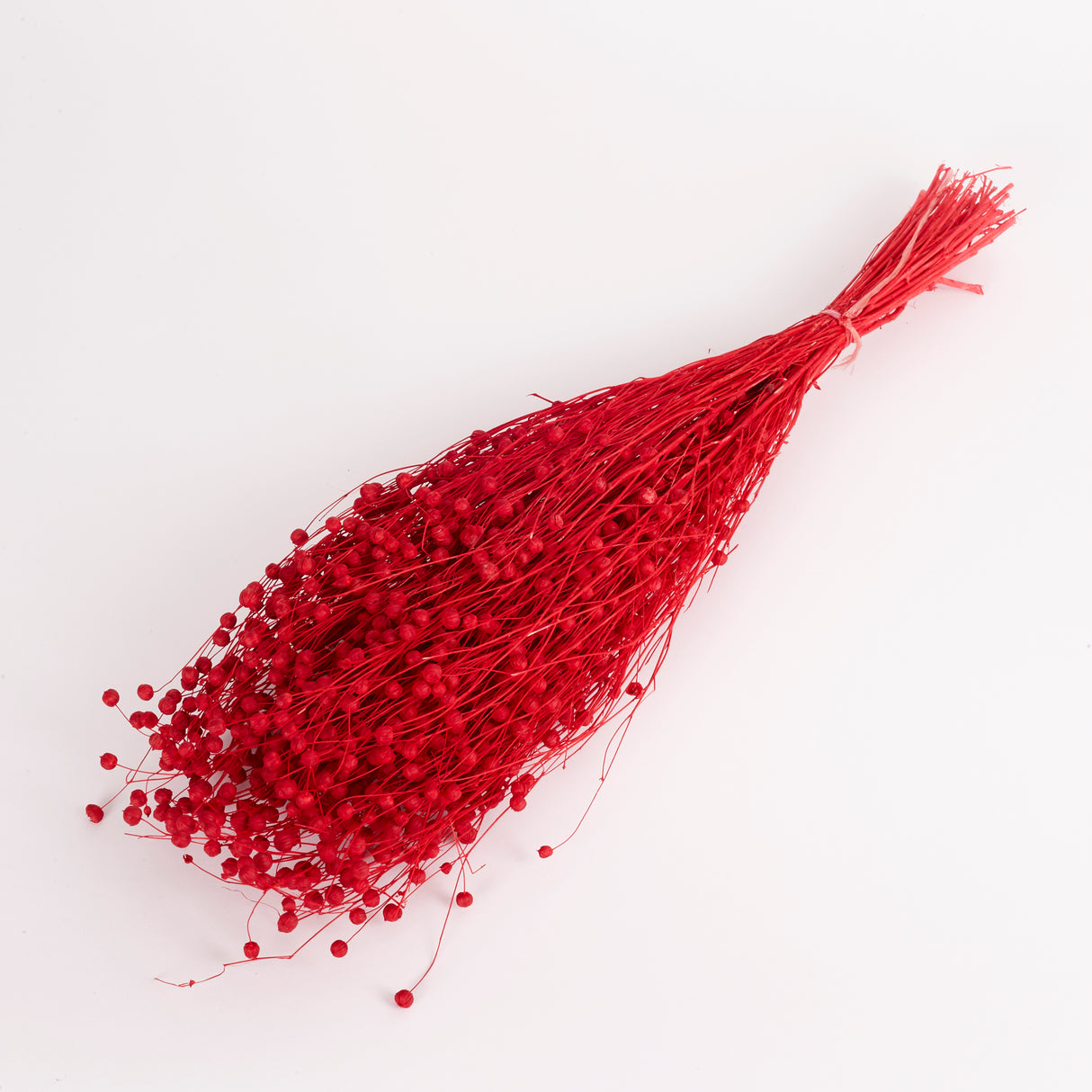 Image shows a bunch of dried flax that has been dyed red.