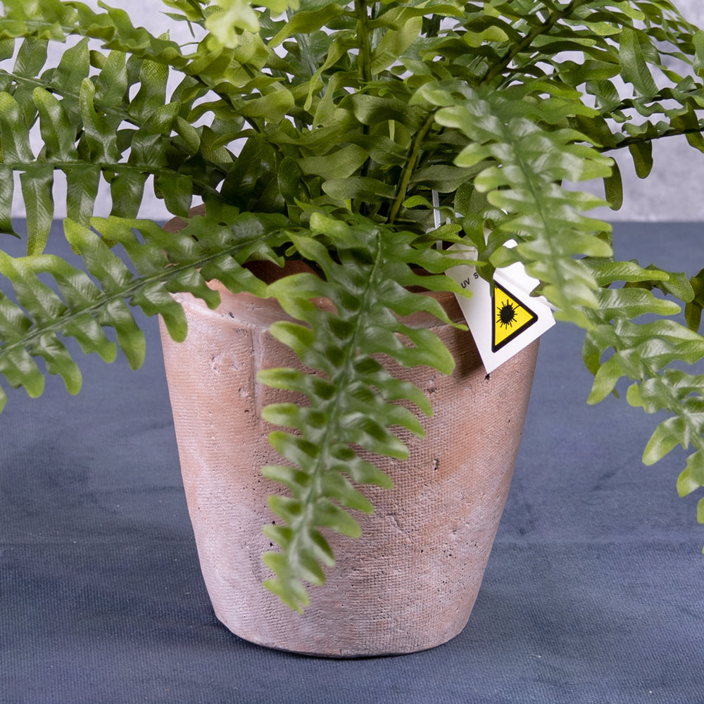 A close up shot of the base of an artificial Boston, or sword, fern, showing a terracotta pot