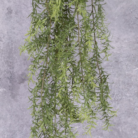 Close up detail of a single faux asparagus fern hanger, with different length fronds.