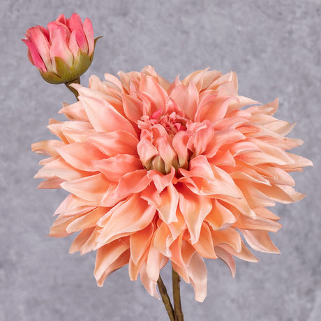 A close up of a single, faux dahlia spray, with a rich, salmon-coloured flower and emerging bud