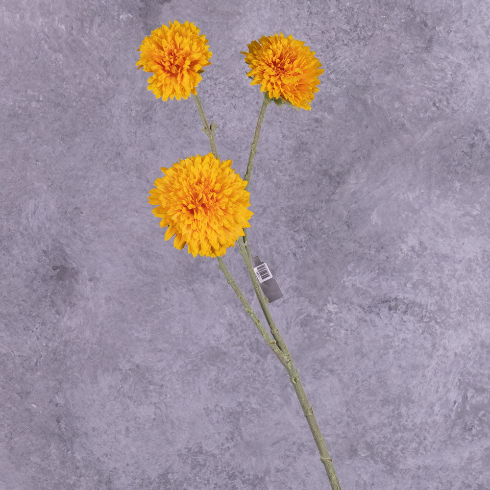 A single faux sunflower stem with 3 flower heads in rich yellow