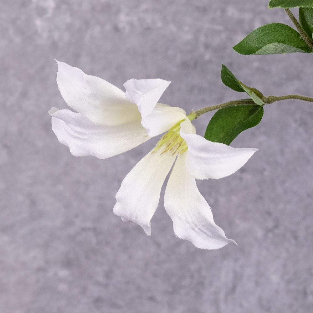 A close up shot of a faux clematis flowers in white.