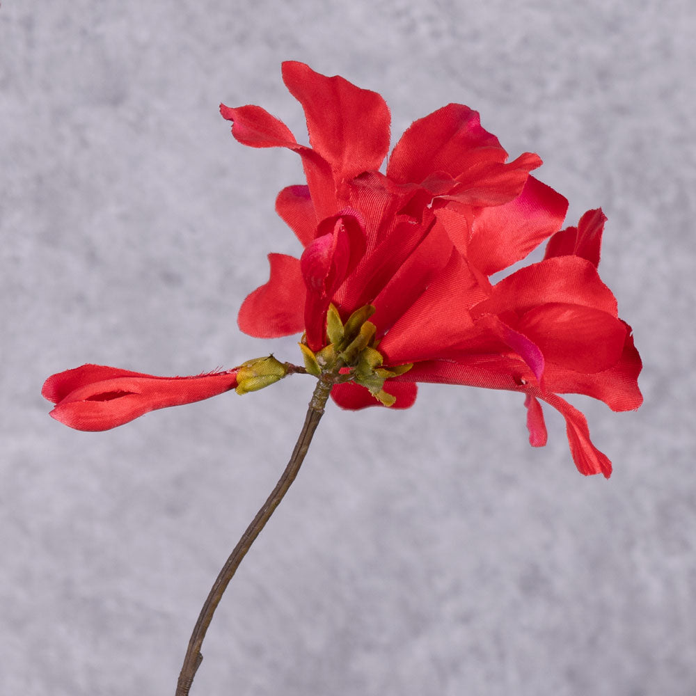 A close up of a faux Mandevilla flower in a bright red colour