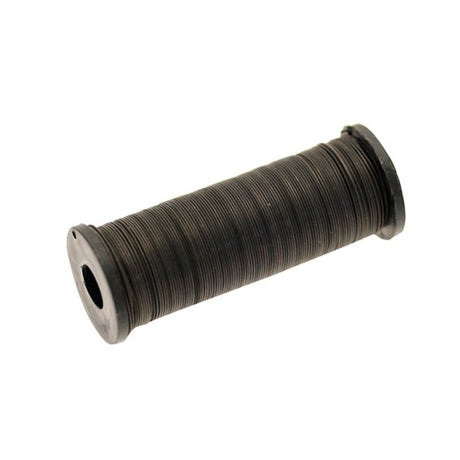 This image shows a reel of fine black wire, against a white background
