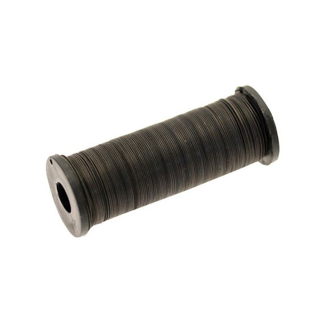 This image shows a reel of fine black wire, against a white background