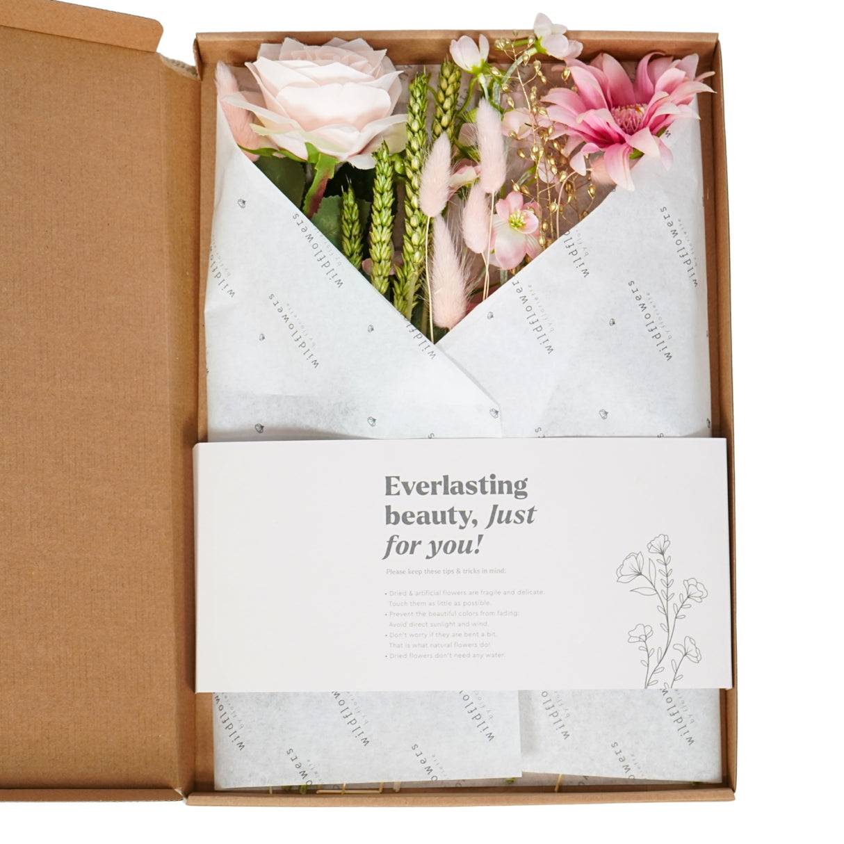 Pre Order Flowers in gift box dried and artificial, pink elegance, box x 5