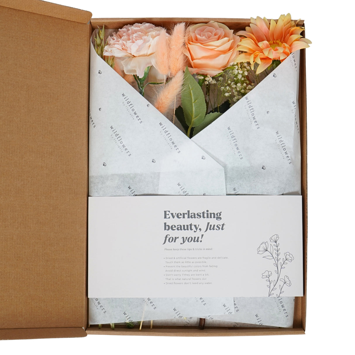 Pre Order Flowers in gift box dried and artificial, peach perfect, box x 5