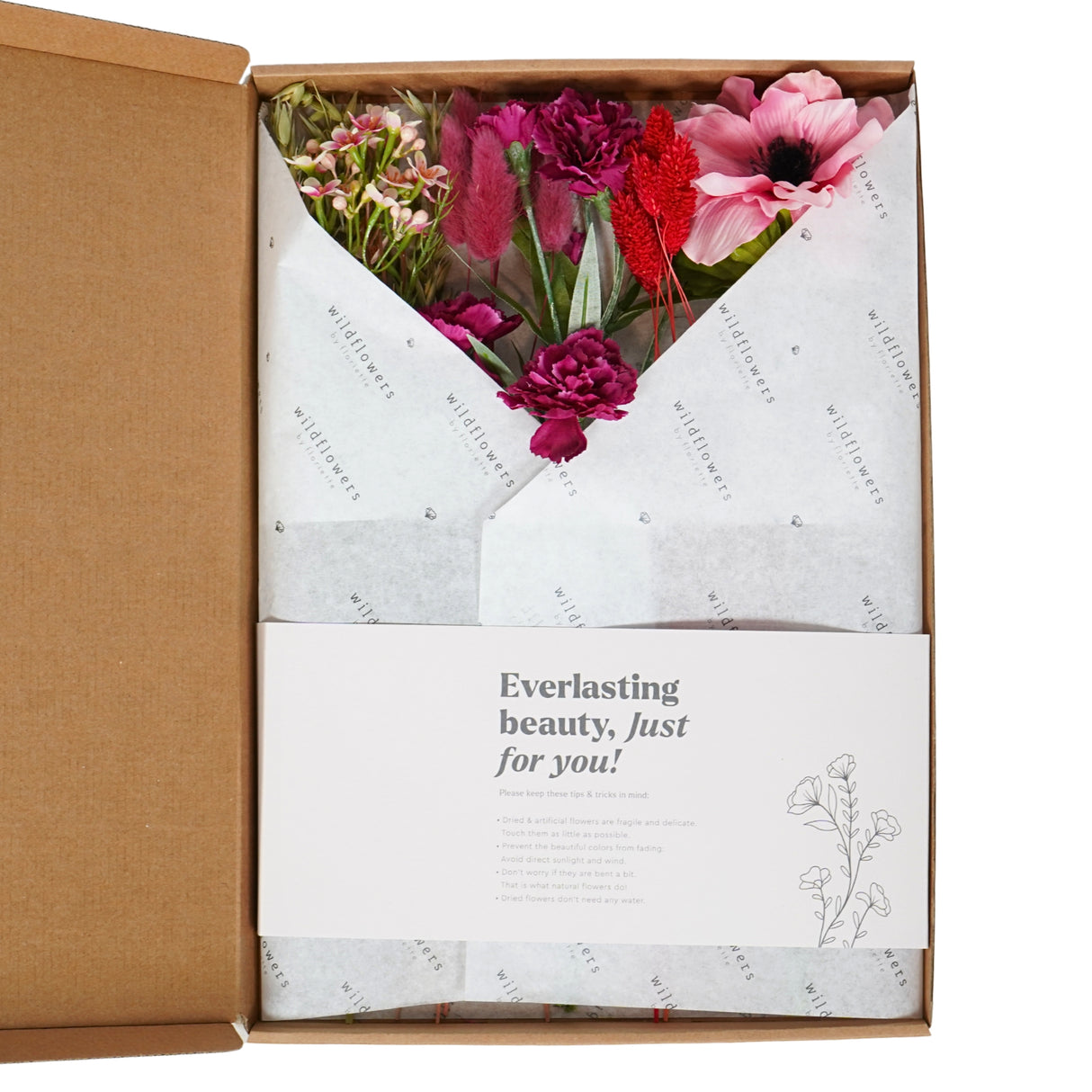 Pre Order Flowers in gift box dried and artificial, red allure, box x 5