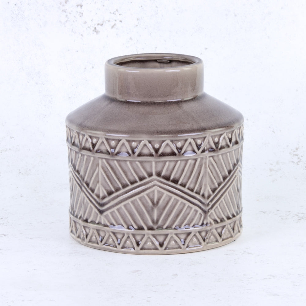 Grey Ceramic Vase with Aztec Pattern Detail, H18cm
