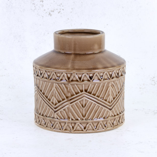Brown Ceramic Vase with Aztec Pattern Detail, H18cm