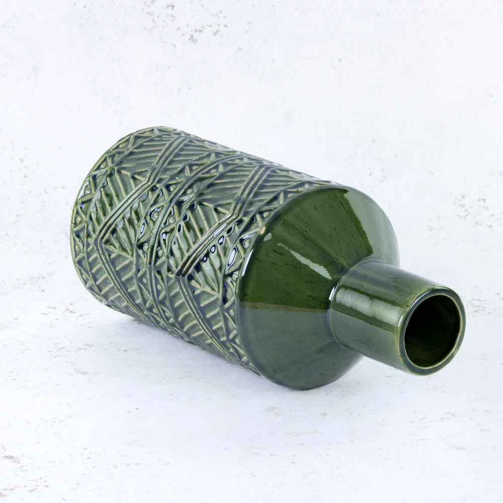 Green Ceramic Vase with Aztec Pattern Detail, H33cm