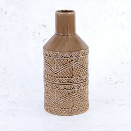 Brown Ceramic Vase with Aztec Pattern Detail, H33cm