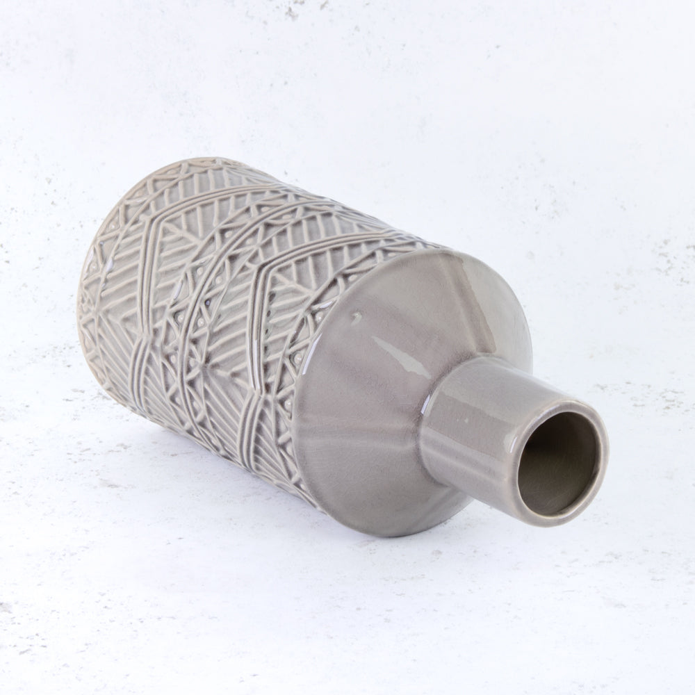 Grey Ceramic Vase with Aztec Pattern Detail, H33cm