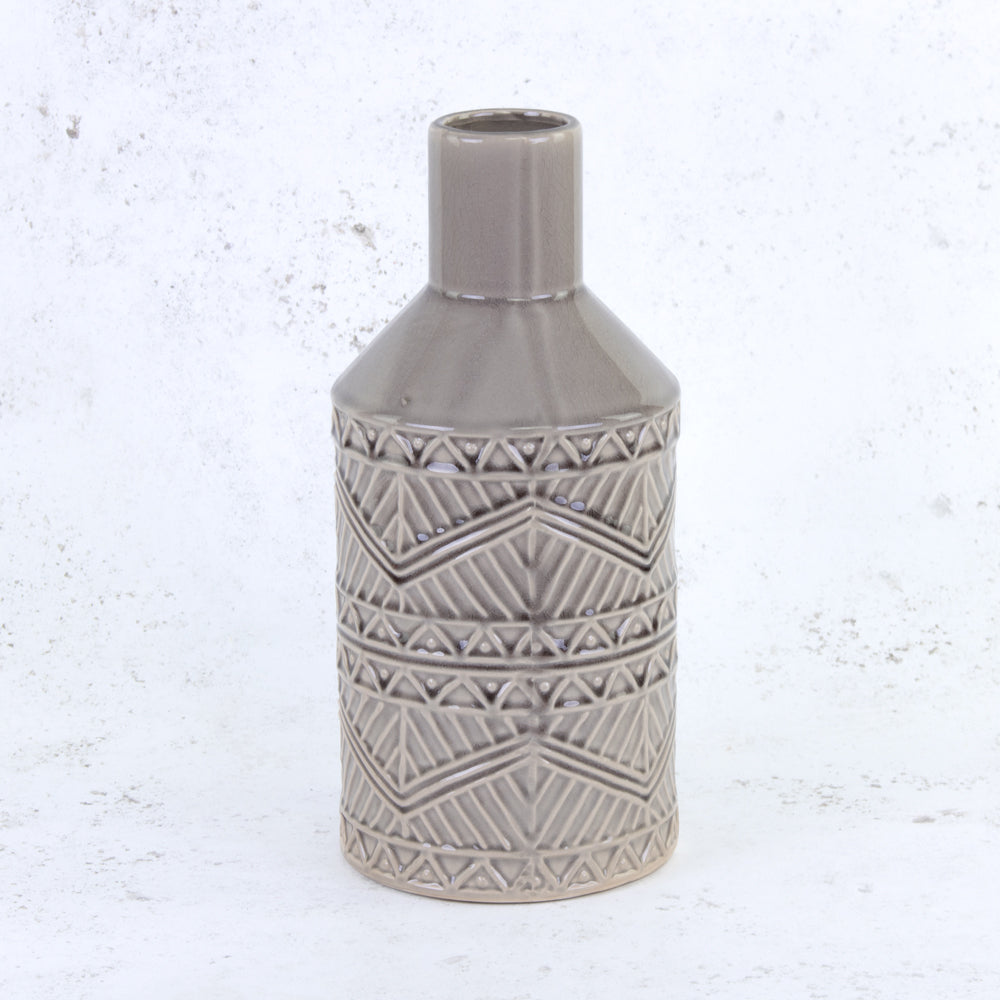 Grey Ceramic Vase with Aztec Pattern Detail, H33cm