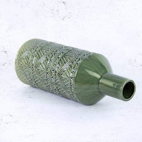 Green Ceramic Vase with Aztec Pattern Detail, H40.5cm