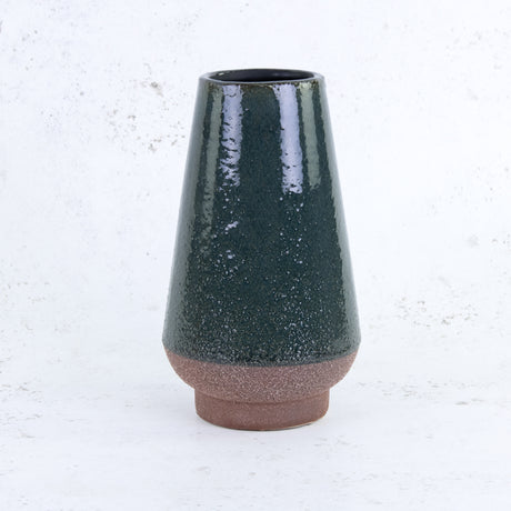 Green Ceramic Vase with Brown Base, H29cm