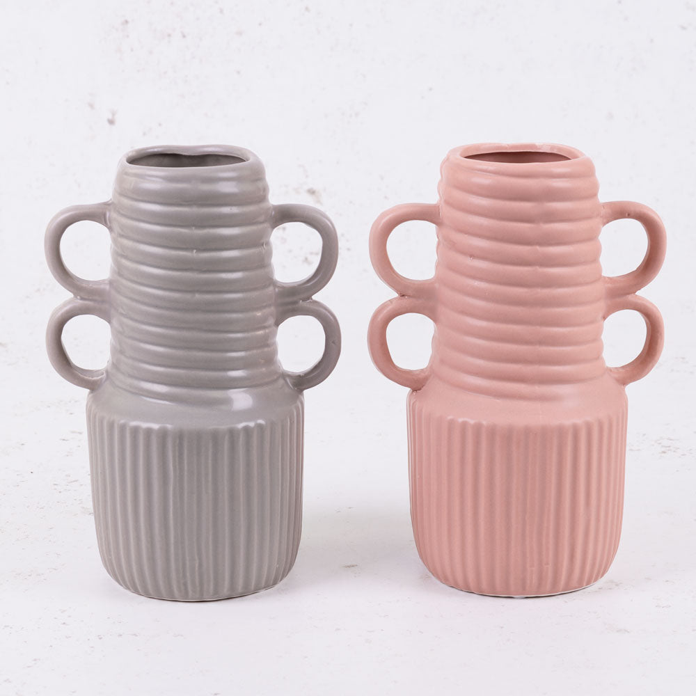 Matt Grey Ceramic Vase, 4 handles, H20.8cm