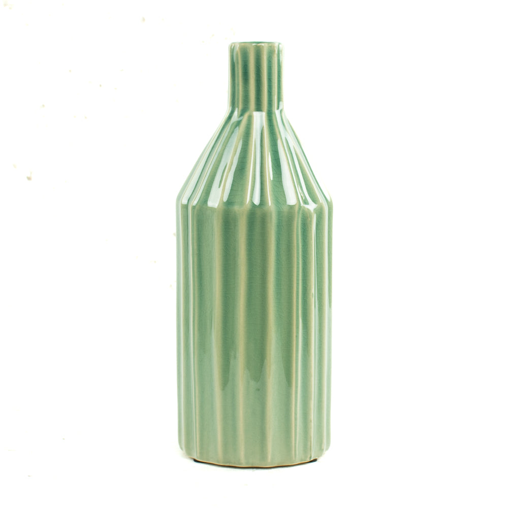 Green Ridged ceramic bottle vase, H30.5cm