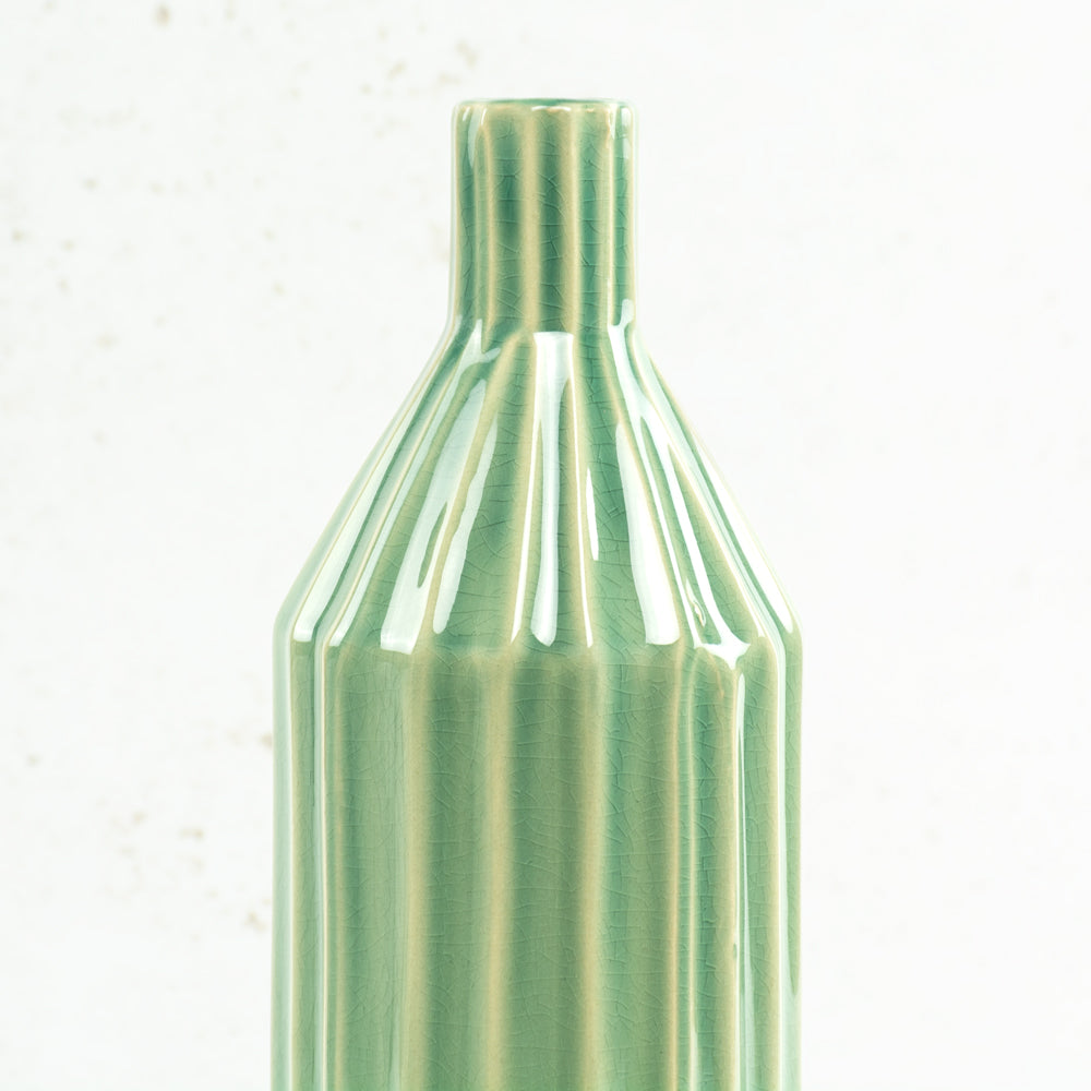 Green Ridged ceramic bottle vase, H30.5cm