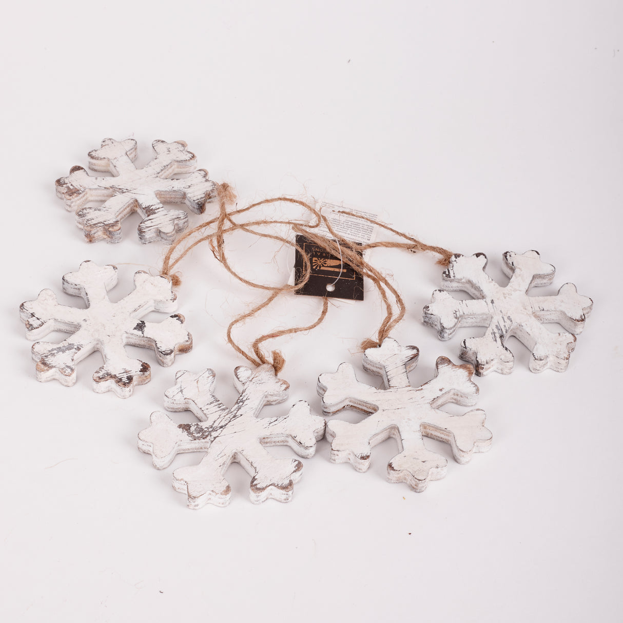 Snowflake, Wood, Antique White on twine, pack x 5