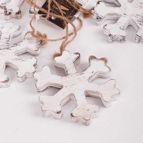 Snowflake, Wood, Antique White on twine, pack x 5