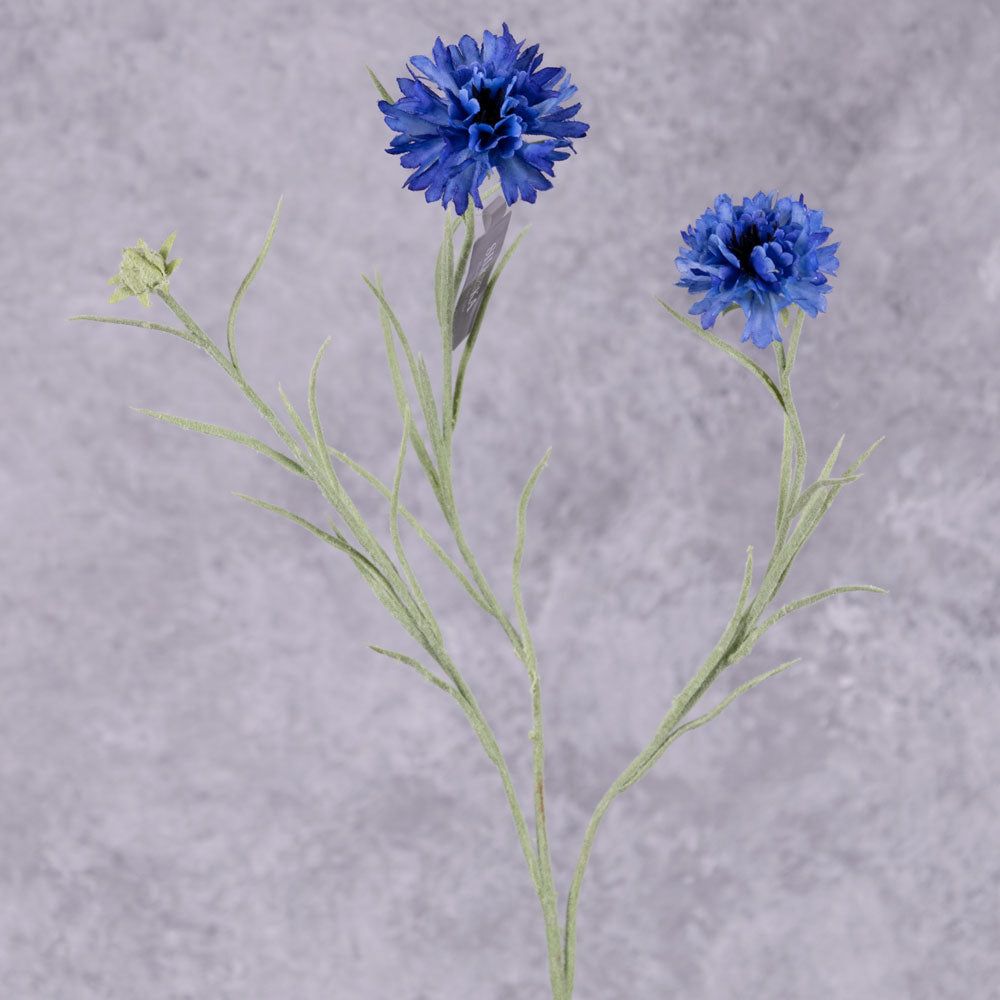A faux cornflower stem with two flowers and one bud, in a deep blue colour