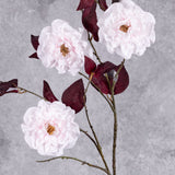 A close up of a faux camelia spray, in white with red leaves