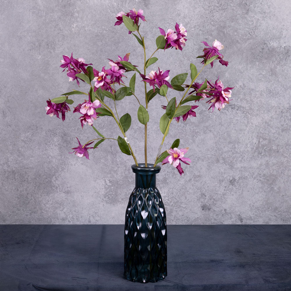 A group of three aquilegia sprays, with flowers in a warm purple hue, and pinkish centre, shown in a glass blue vase