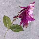 A close up of a pair of faux aquilegia flowers in a warm purple hue, and pinkish centre, and leaves over several branchlets