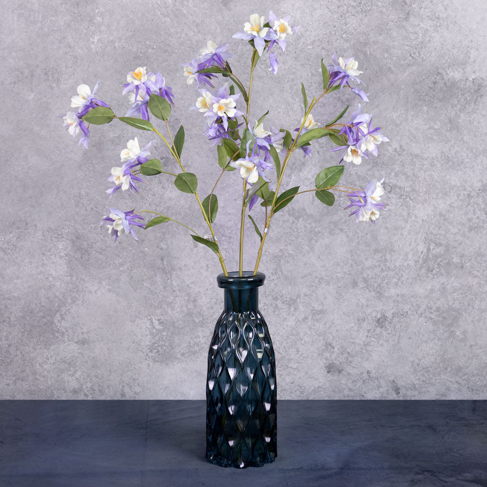 A group of three aquilegia sprays, with flowers in a lavender hue, and white centre, shown in a glass blue vase