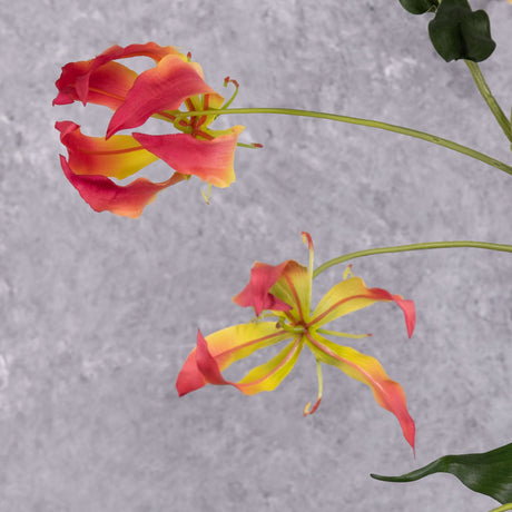 A close up of 2 faux pink and yellow coloured Gloriosa flowers