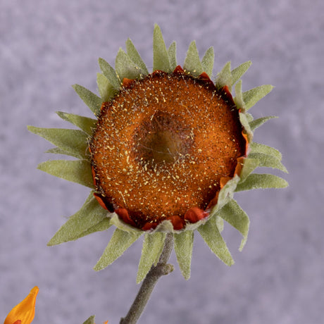 A close up of a single, faux, sunflower head in rich orange