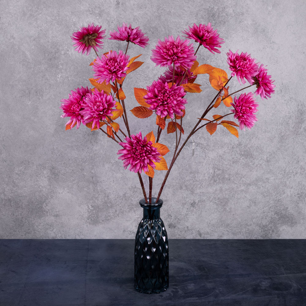 A set of three sprays of bright pink, faux chrysanthemum flowers with orange-red leaves