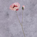 A faux poppy stem with an open flower and a budding flower on two branchlets. The flowers are a pale pink with a white gradient towards the centre