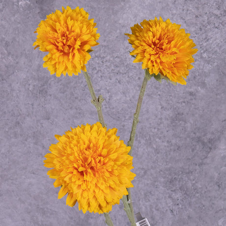 A single faux sunflower stem with 3 flower heads in rich yellow