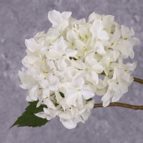 A close up of a faux, cream hydrangea flower that looks like a pom pom, showing leaf detail