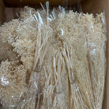 Bunches of bleached white gypsophila in celophane wraps, laid in a cardboard box