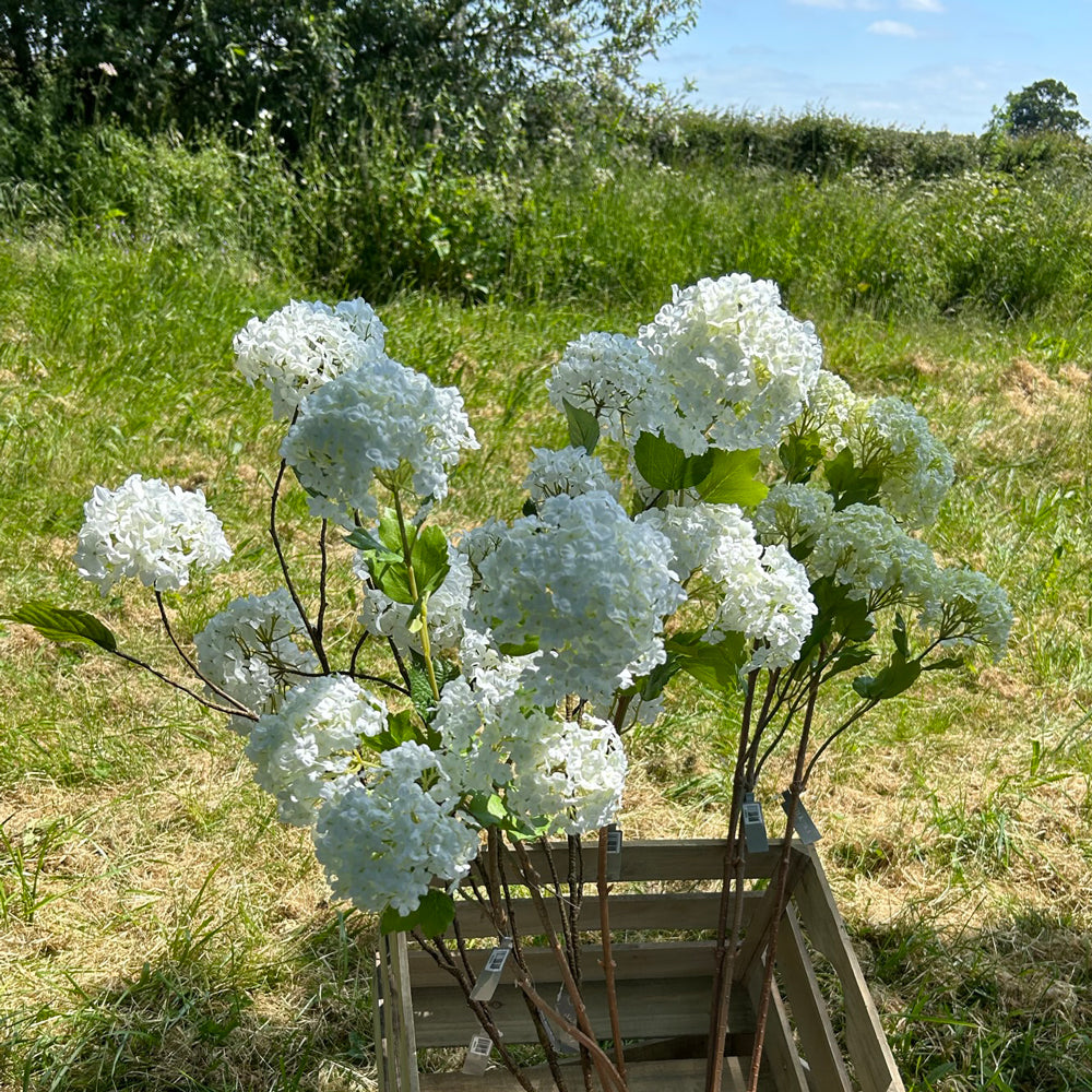 A group of faux viburnum sprays in both green and white, and plain white flower options. The scene is set in a meadow against the backdrop of blues skies and bright sunshine.