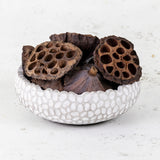 A stone bowl that contains dried lotus seed pods.