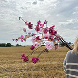 A group of artificial flowers in different shades of pink, set against a cloudy sky and a stubble field.