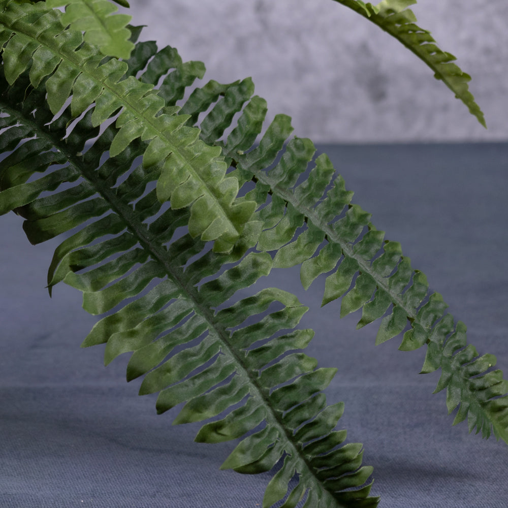 A close up of the leaves of an artificial Boston or sword fern in a terracotta pot.