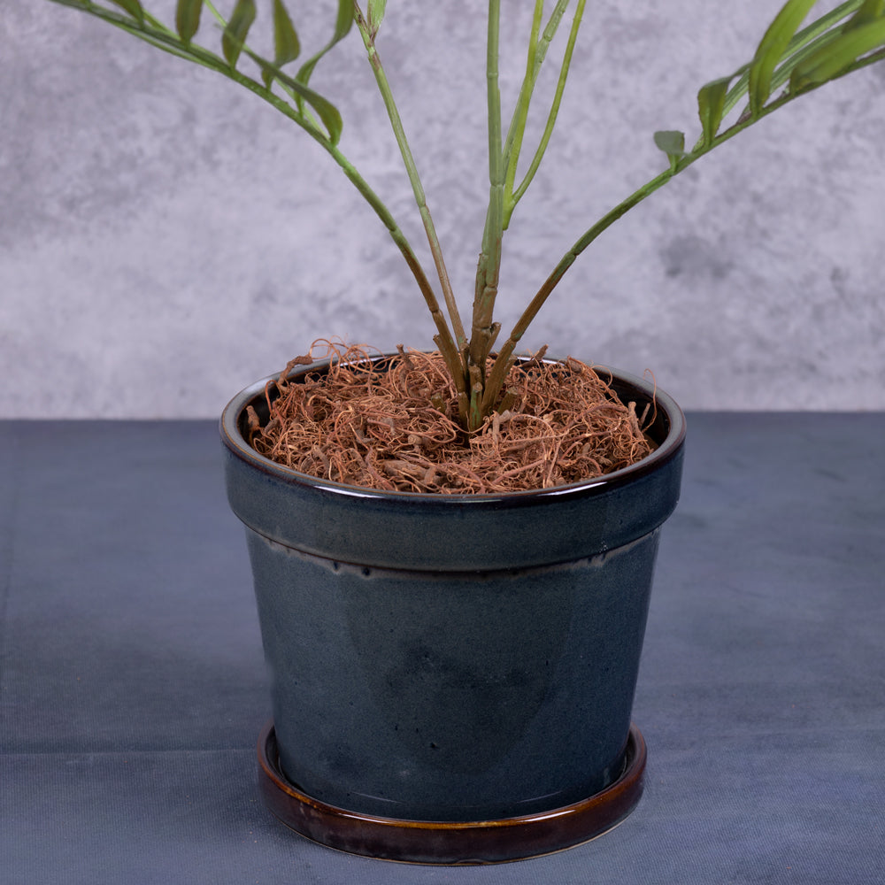 A faux Areca plant in a blue pot, with focus on the plant plug in the pot