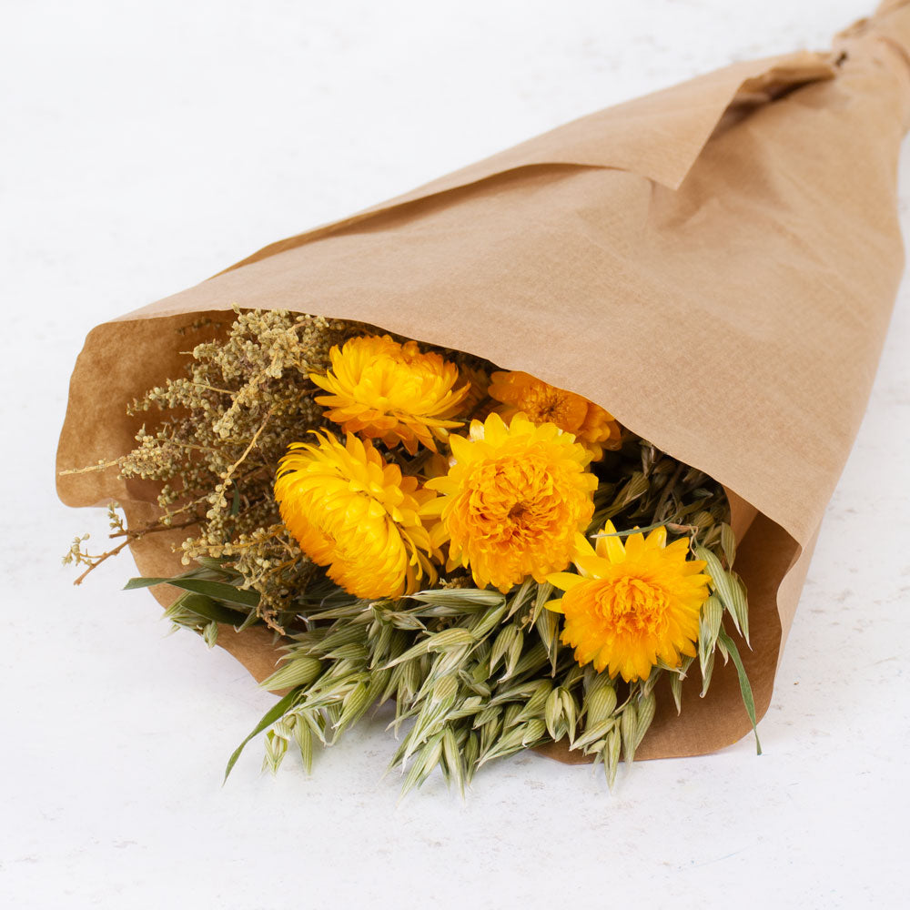Mixed flower and grasses bunch, Natural and Yellow, wrapped in Kraft paper 