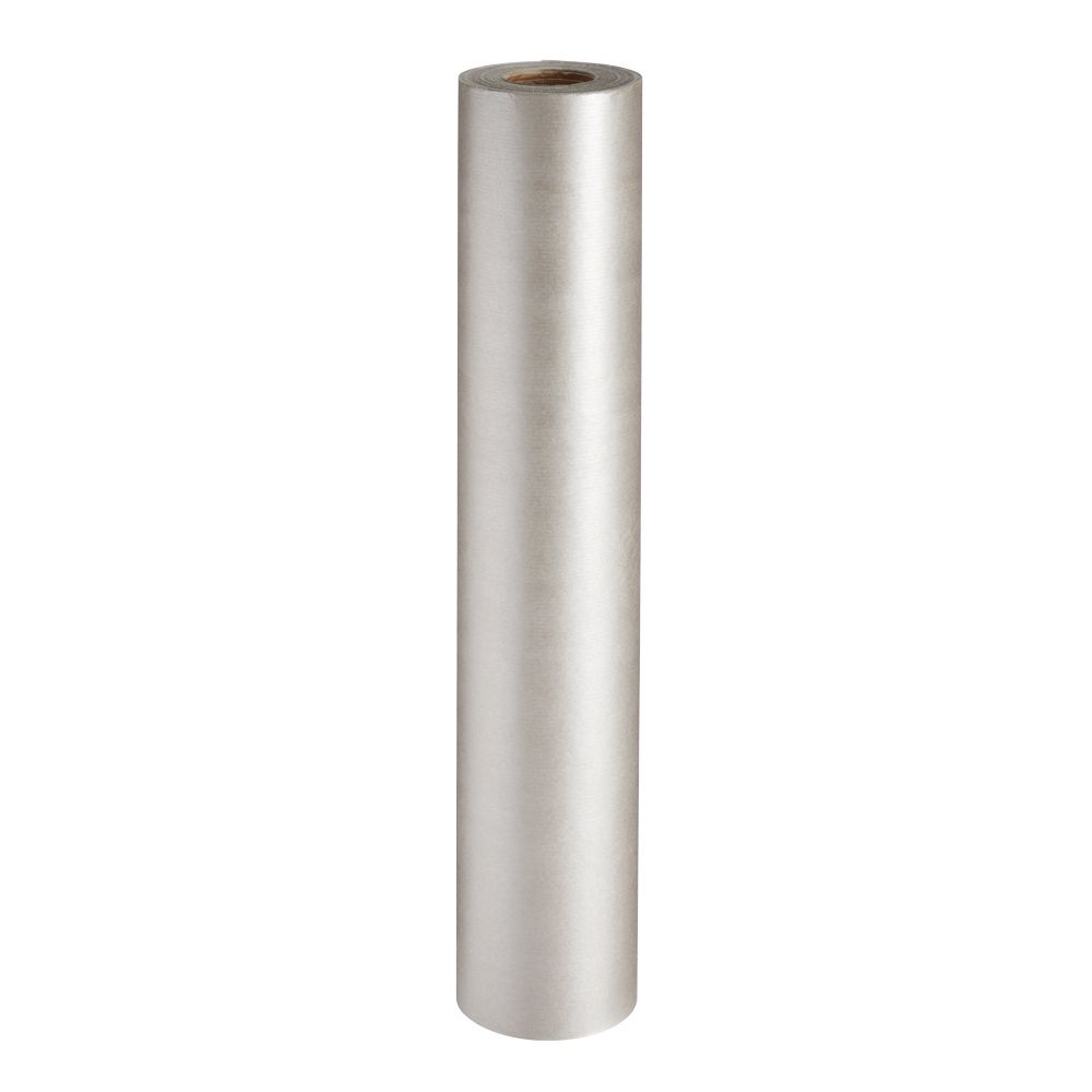 This image shows a roll of silver kraft paper.