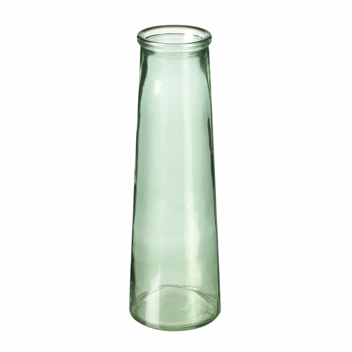 This image shows a tall, tapering green glass vase against a white background
