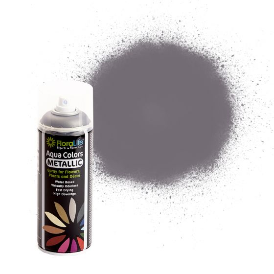 This image shows a can of anthracite grey coloured, metallic floral spray against a white background